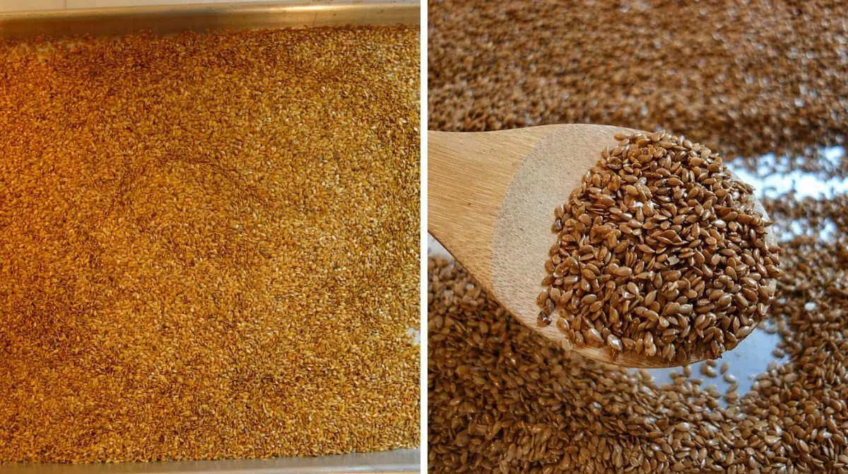 two photo collage showing how to roast golden flaxseeds