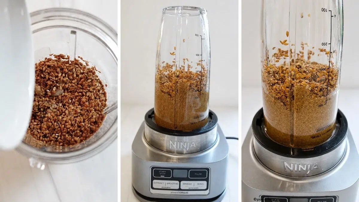 three photo collage showing how to blend roasted flaxseed butter in a bullet blender
