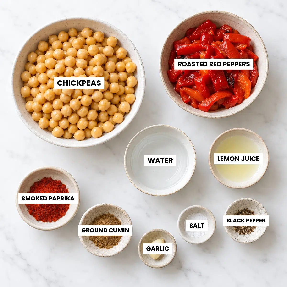 ingredients for roasted red pepper hummus