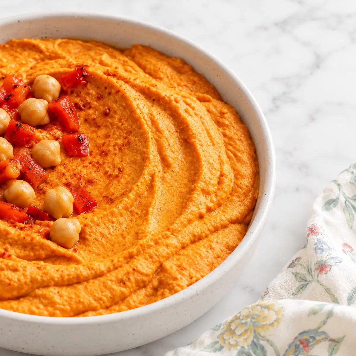 bowl of roasted red pepper hummus