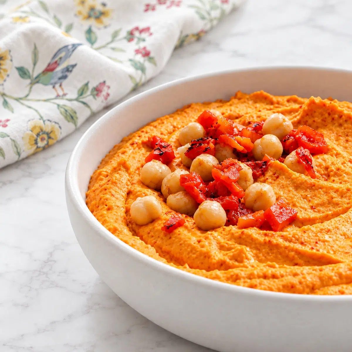 closeup side view of roasted red pepper hummus