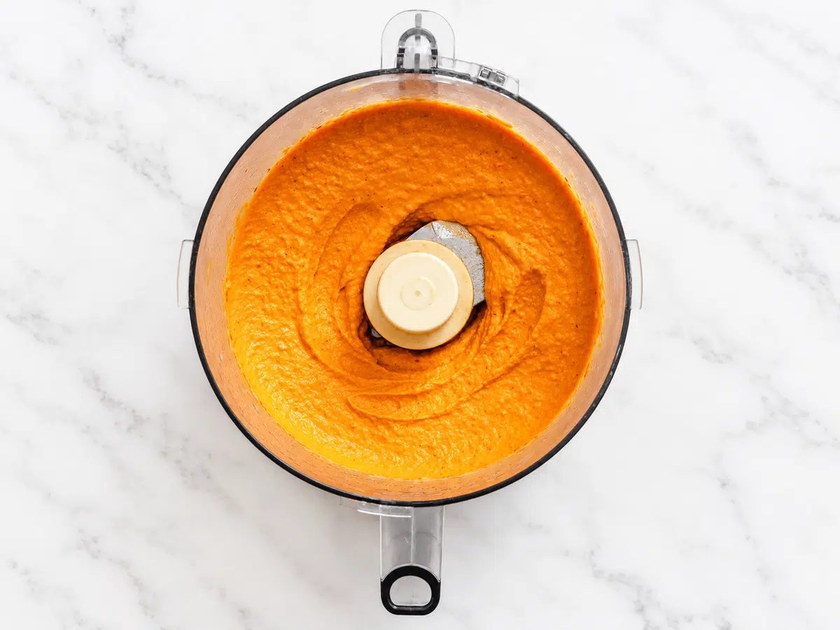 roasted red pepper hummus, blended, in a food processor bowl