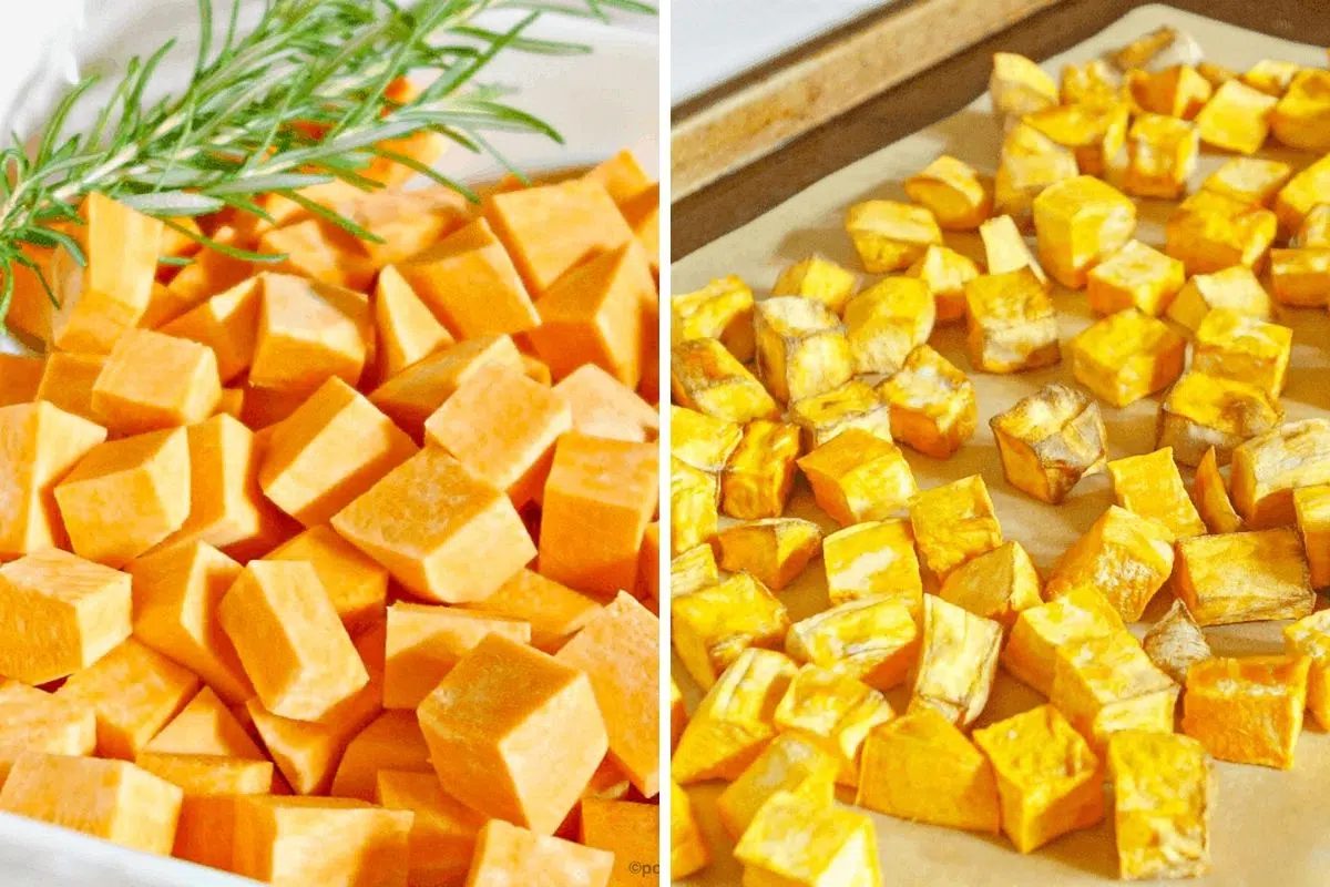 two photo collage of sweet potatoes