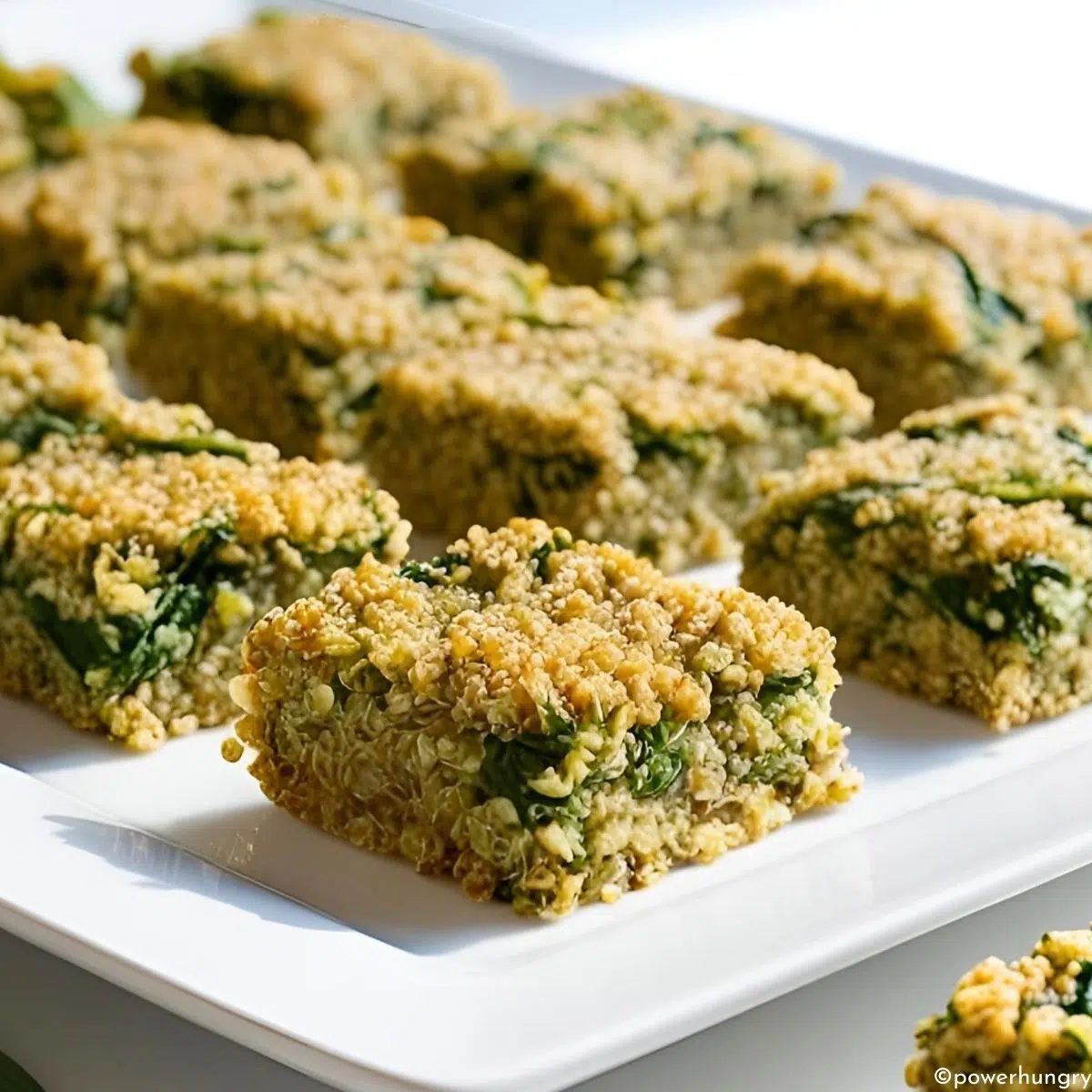stacked spinach quinoa bars on white plate