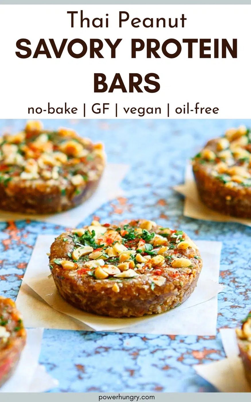 savory thai protein bars on a blue surface