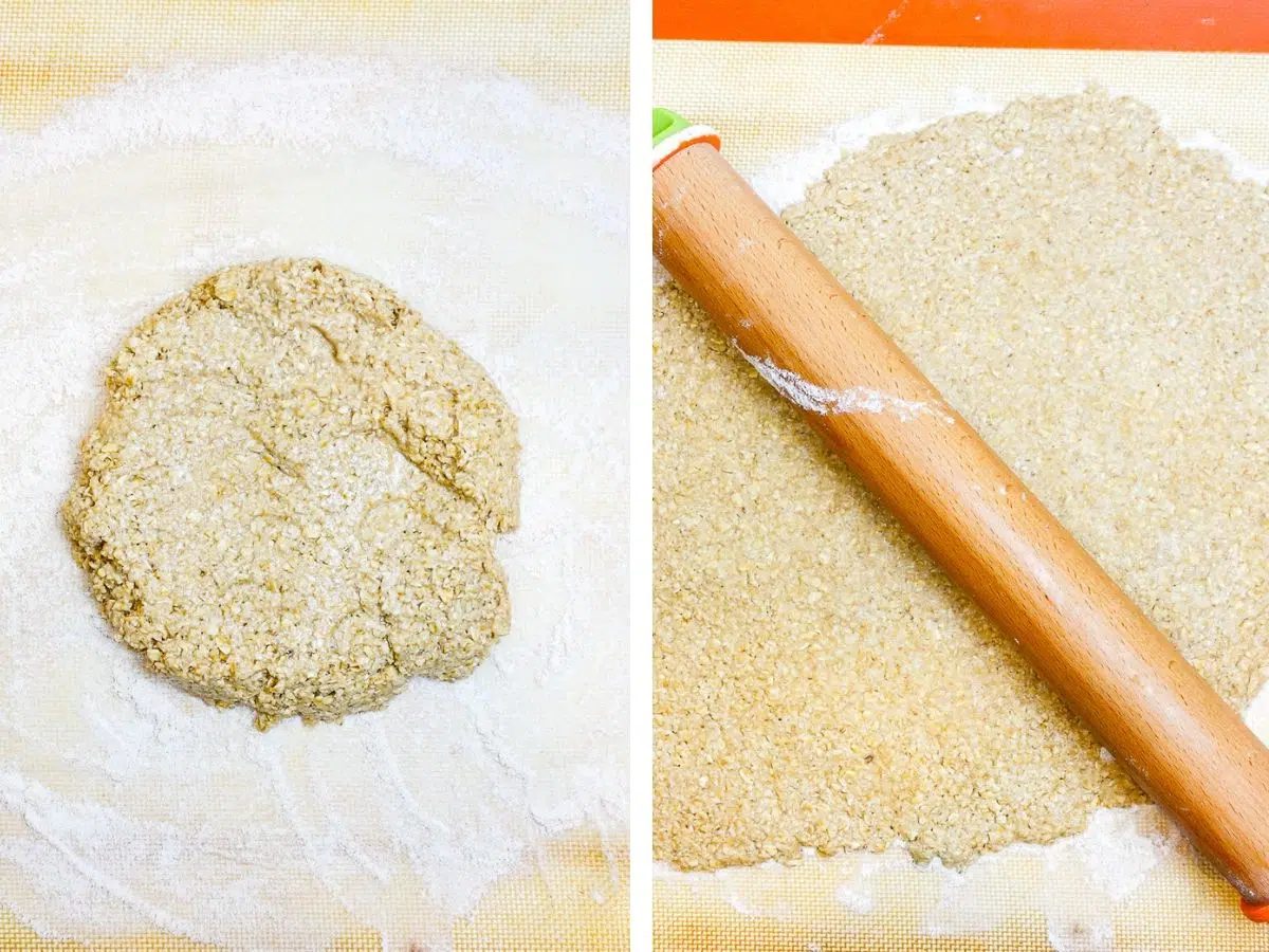 oatcakes dough getting rolled out on flat surface