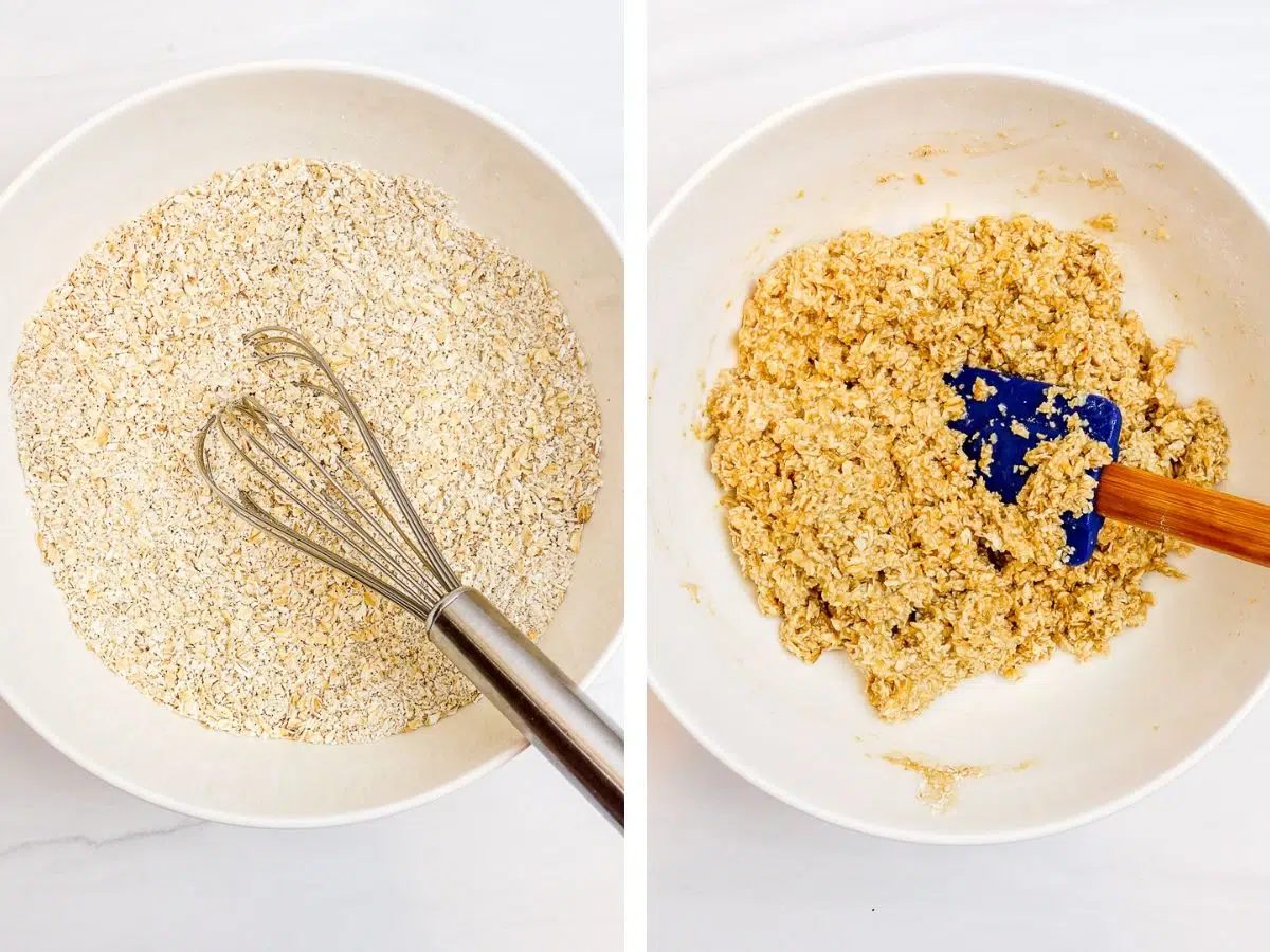 2 photo collage showing how to make oatcakes dough