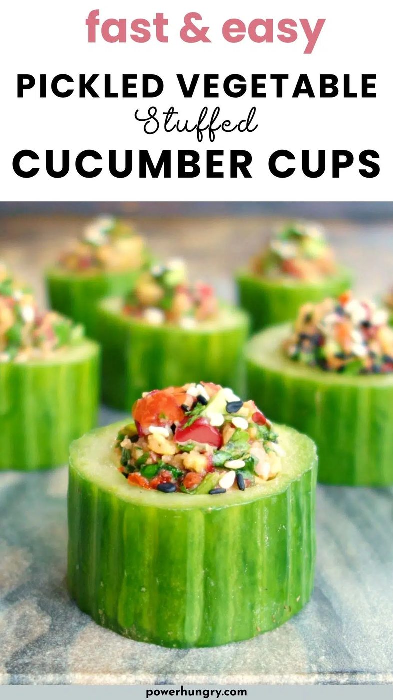 stuffed cucumber cups with pickled vegetables n marble cutting board