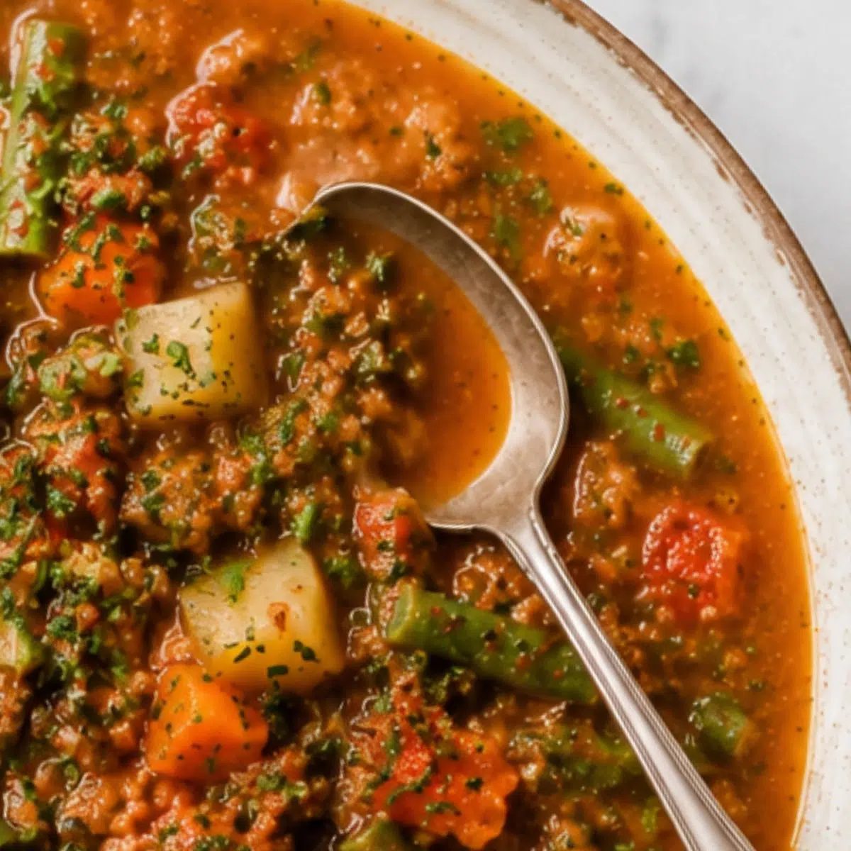 close-up of a spoonful of vegan hamburger soup