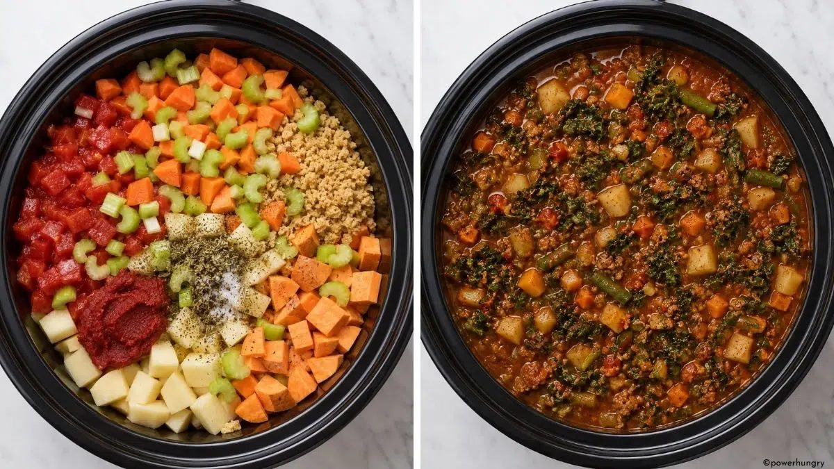 before and after photo of how to make vegan slow-cooker hamburger soup