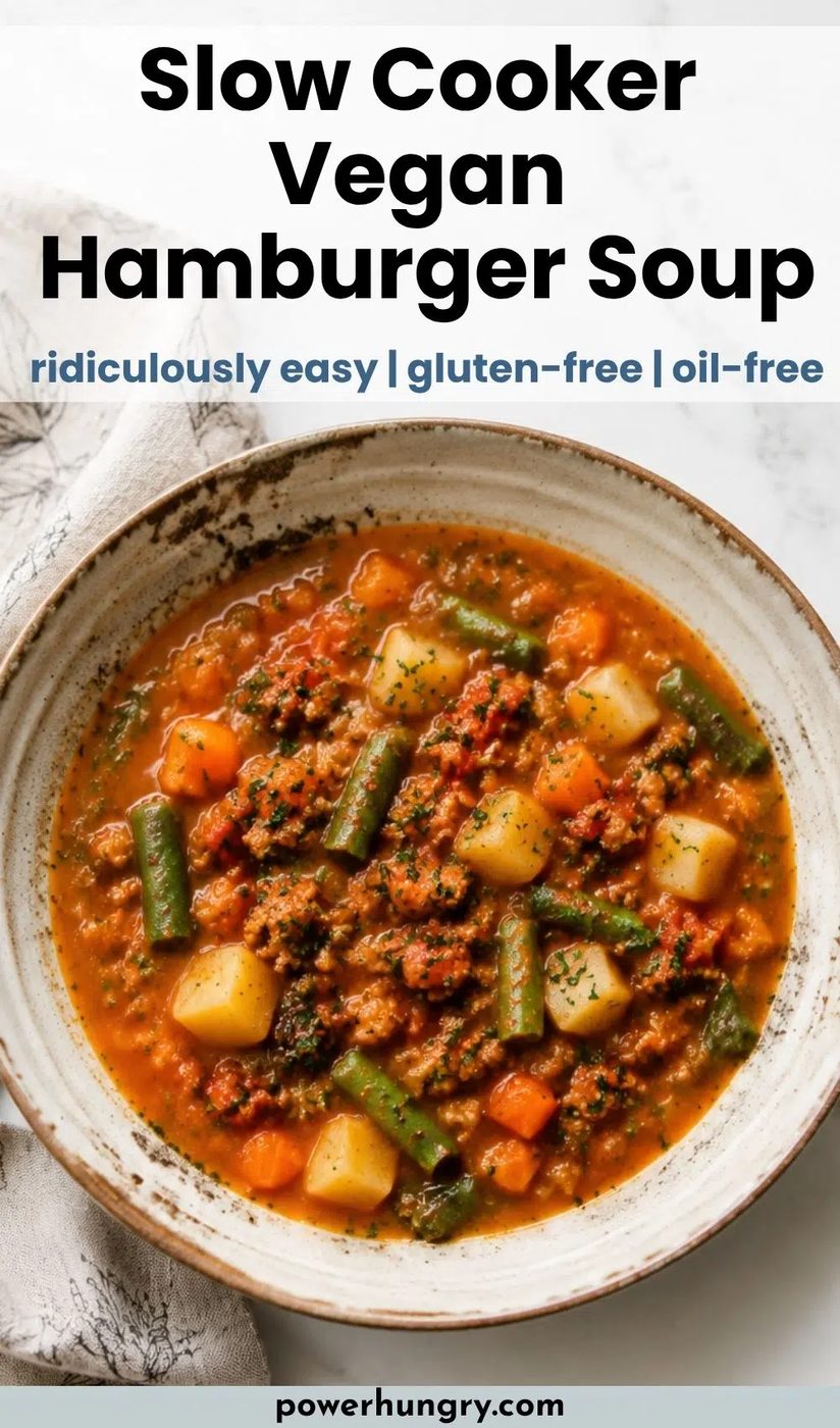 overhead shot of a bowl full of Crockpot Vegan Hamburger Soup with TVP