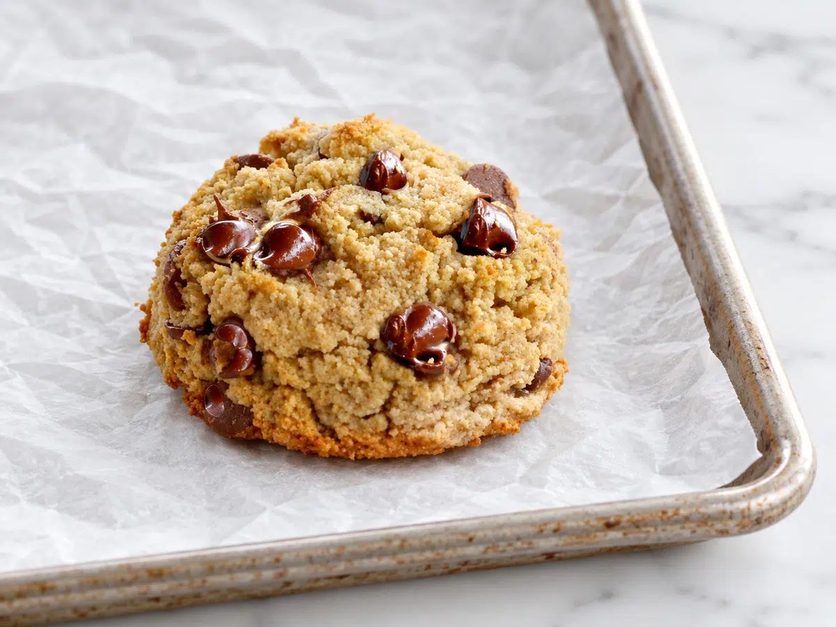 baked coconut flour chocolate chip cookies on cookie sheet