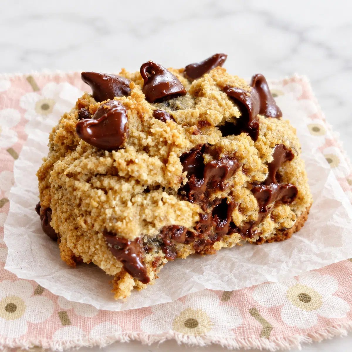 coconut flour chocolate chip cookie on a napkin with a bite taken out