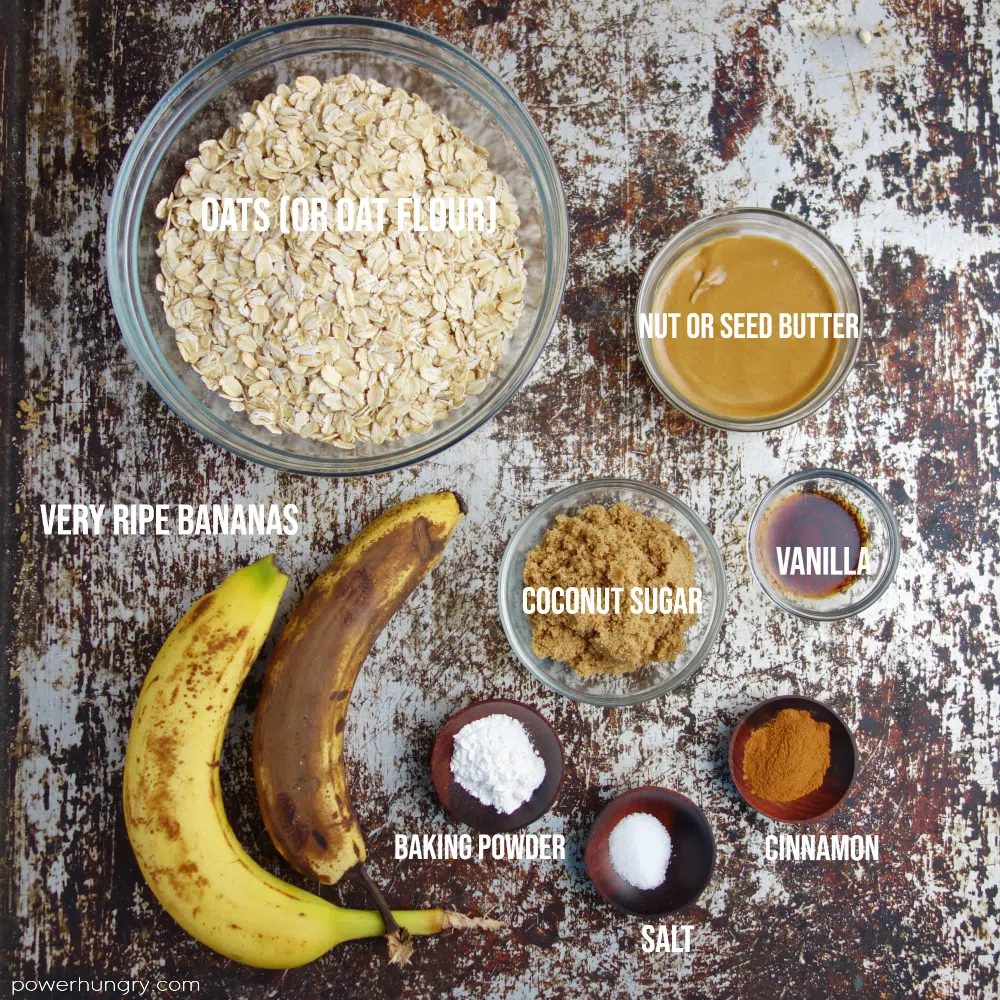 overhead shot of the ingredients for banana oat cookies