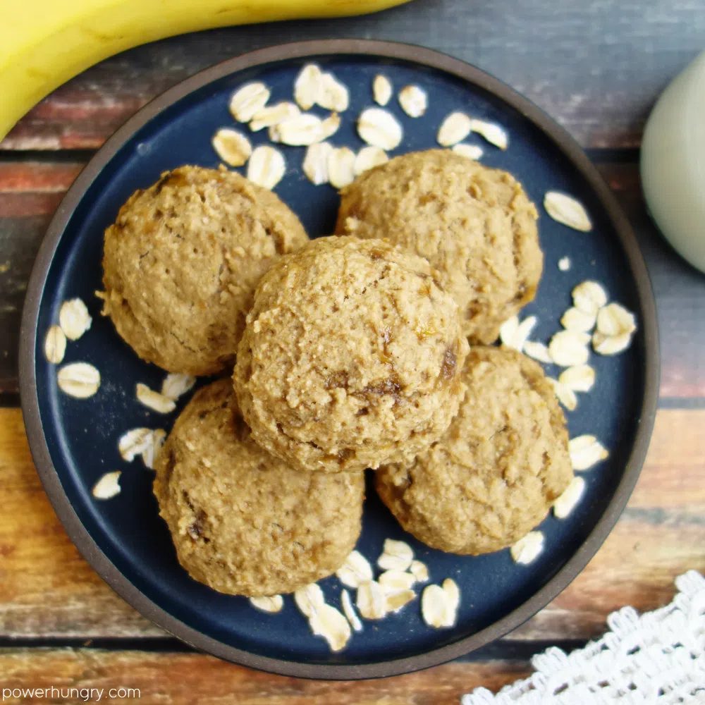 overhead shot of banana oat cookies on a slate plate