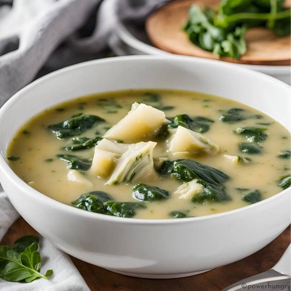 vegan spinach artichoke soup in a white bowl