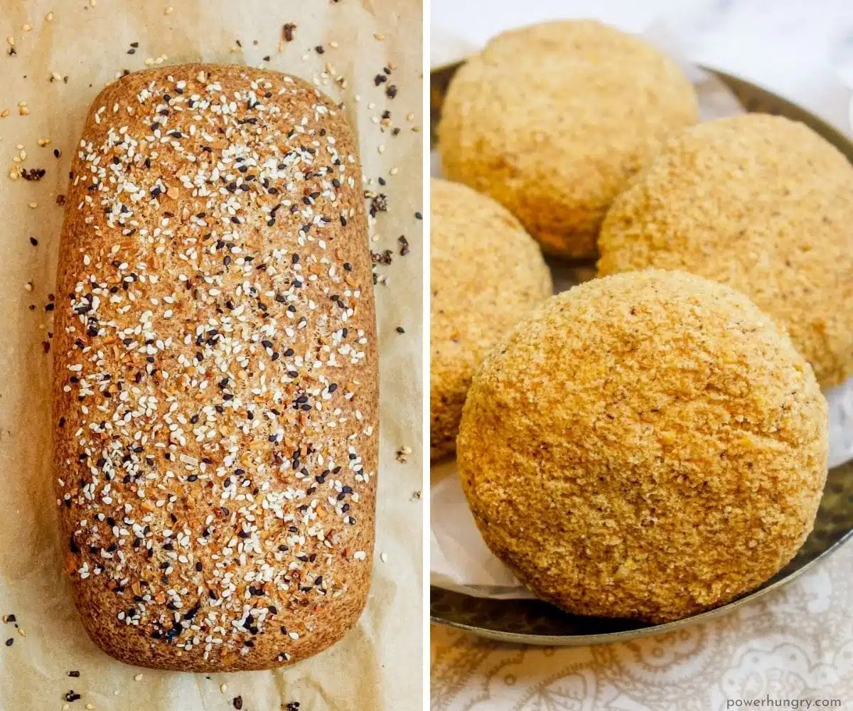 2 photo collage of just baked split pea bread loaf and bread rolls