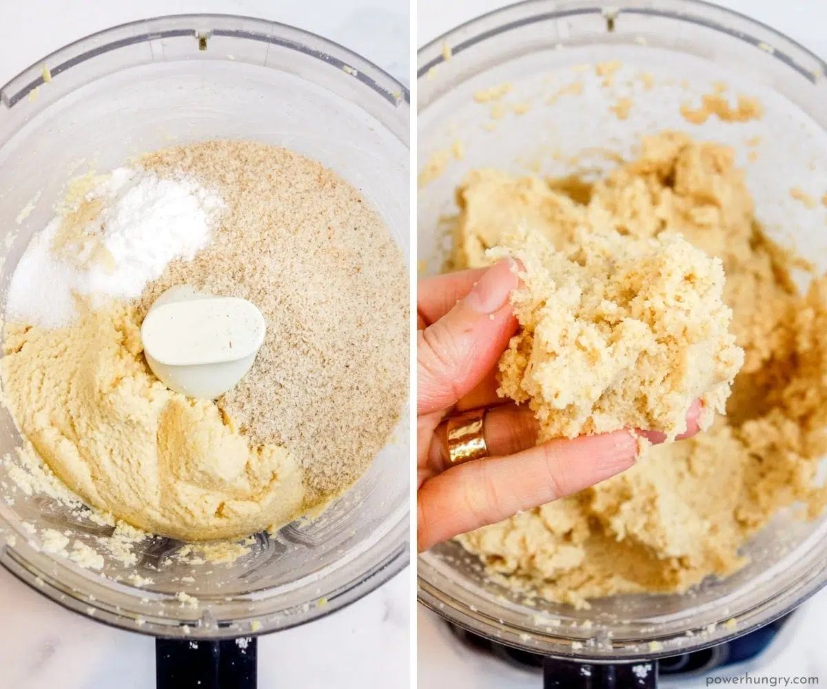 two photo collage showing the addition of psyllium to the split pea puree