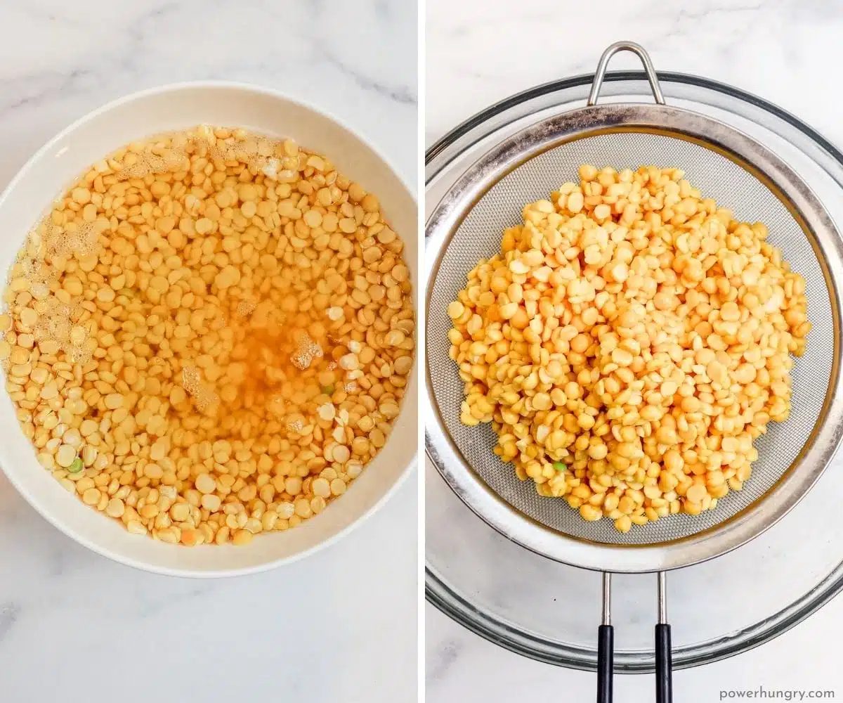 two photo collage showing soaked yellow split peas in a bowl and then drained through a sieve