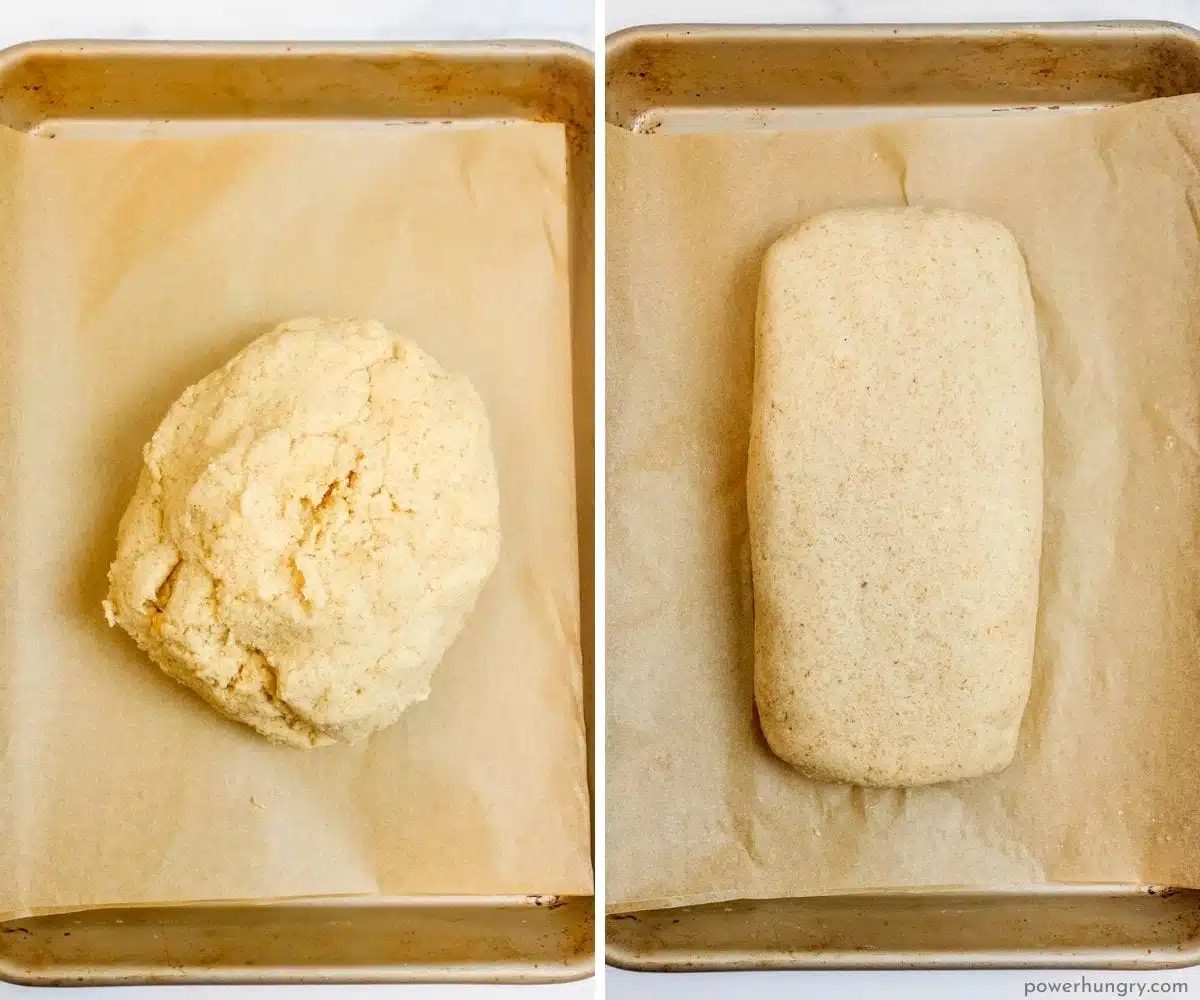 two photo collage showing the shaping of a split pea bread loaf