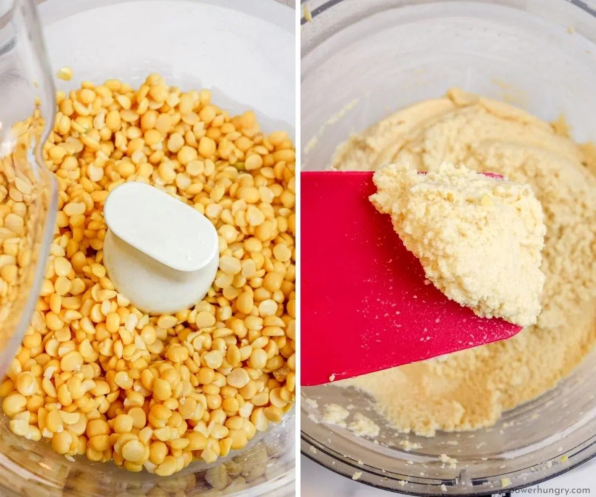 two photo collage showing soaked split peas getting pureed
