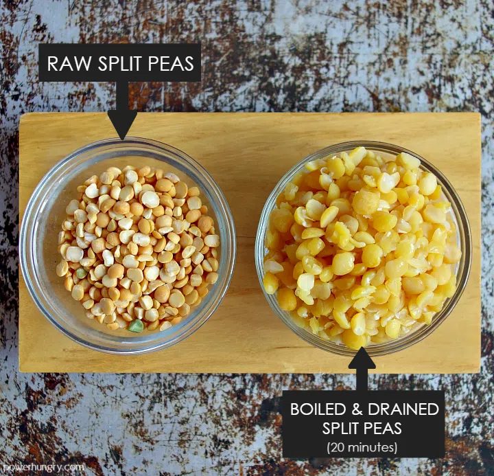 two glass bowls on a wooden board, one filled with dried split peas the other with par-boiled split peas