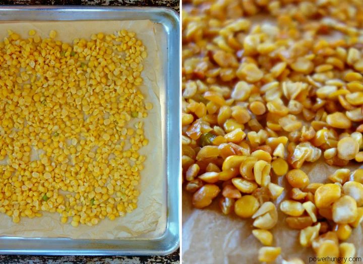 collage of parboiled split peas on baking sheet and baked crispy split peas on a baking sheet