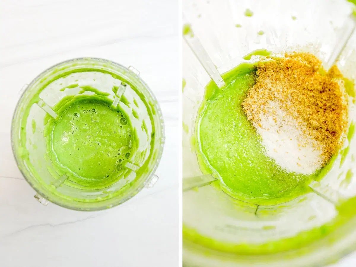 two photo collage showing the blending of split pea pizza crust batter