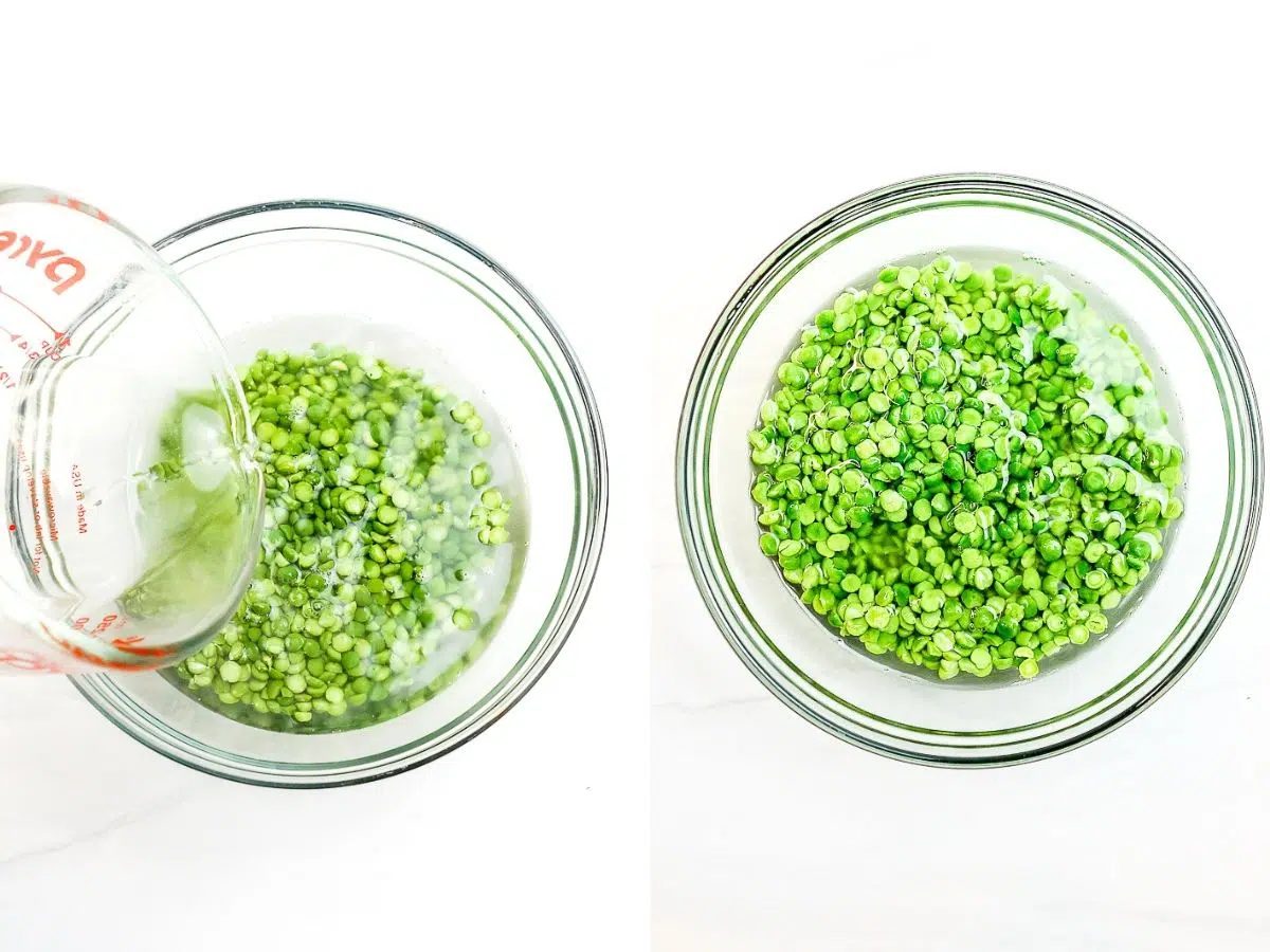 two photo collage showing the soaking of dried green split peas