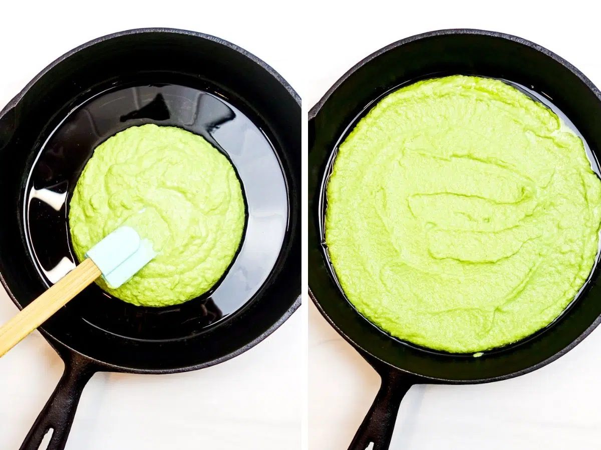 two photo collage showing split pea pizza crust batter getting added to hot cast iron skillet