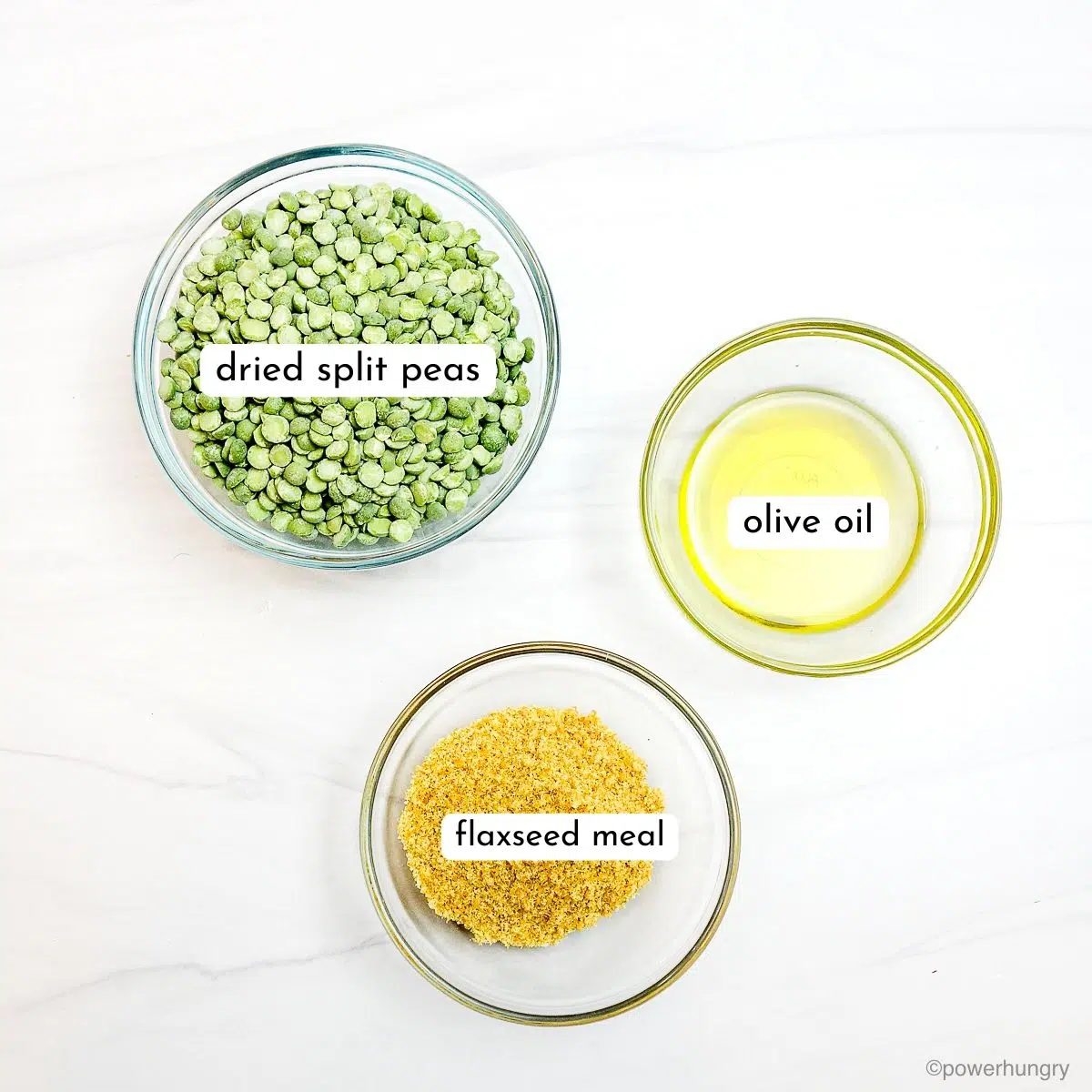 ingredients for split pea pizza crust in glass bowls