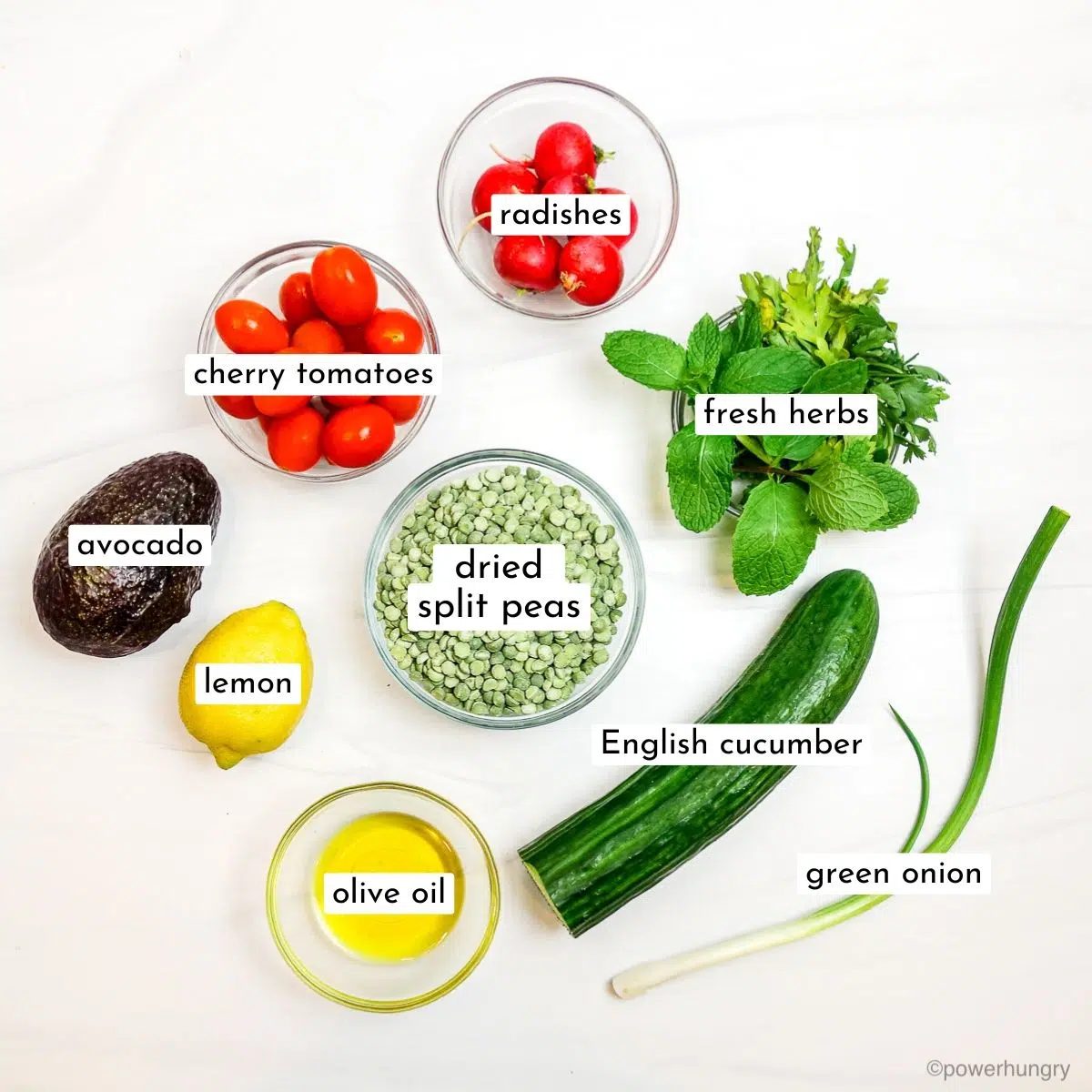 ingredients for split pea salad in small glass bowls