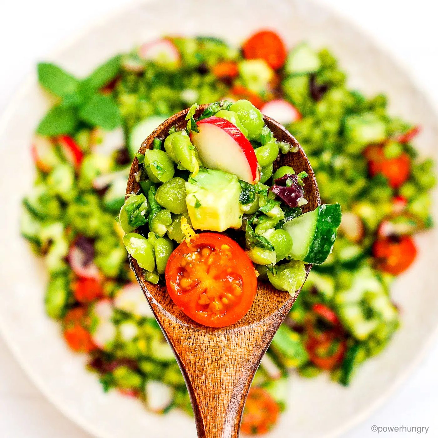 split pea salad with a wooden spoon
