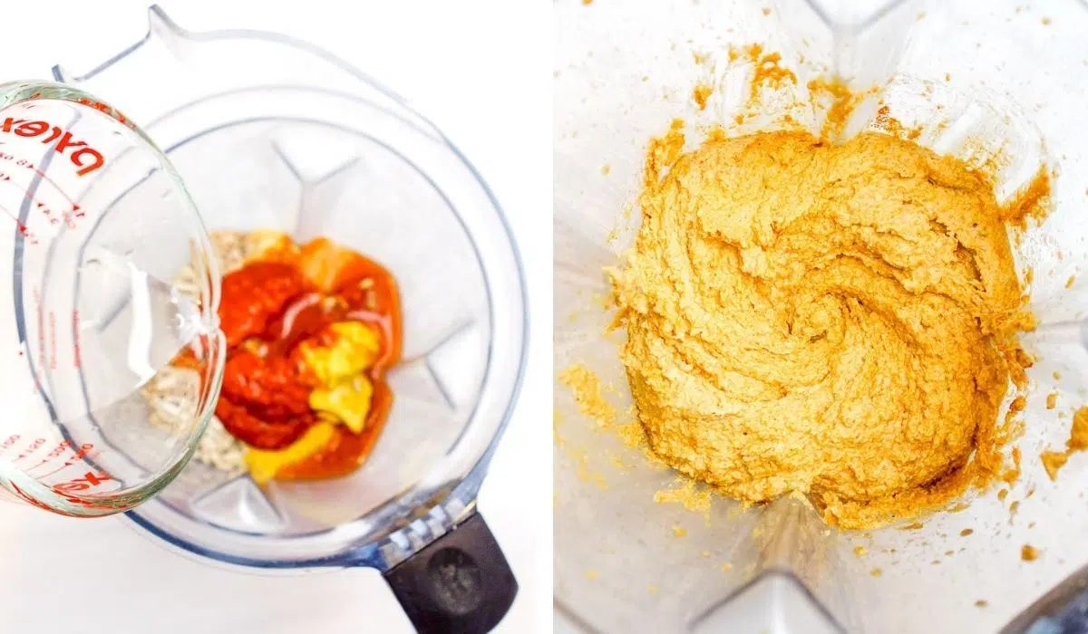 2 photo collage showing the cheese ingredients in a blender