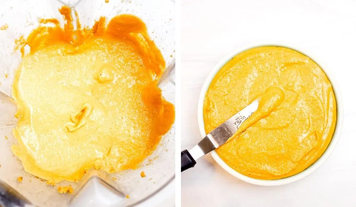 2 photo collage showing the blending of sunflower cheddar cheese