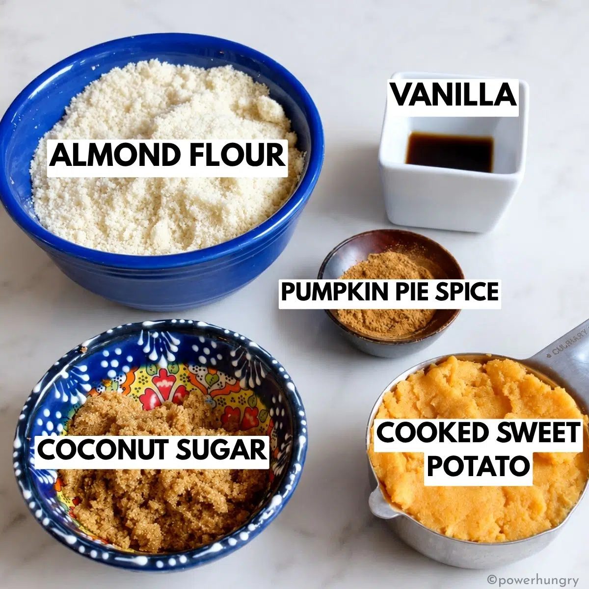 ingredients for sweet potato almond flour cookies in individual prep bowls