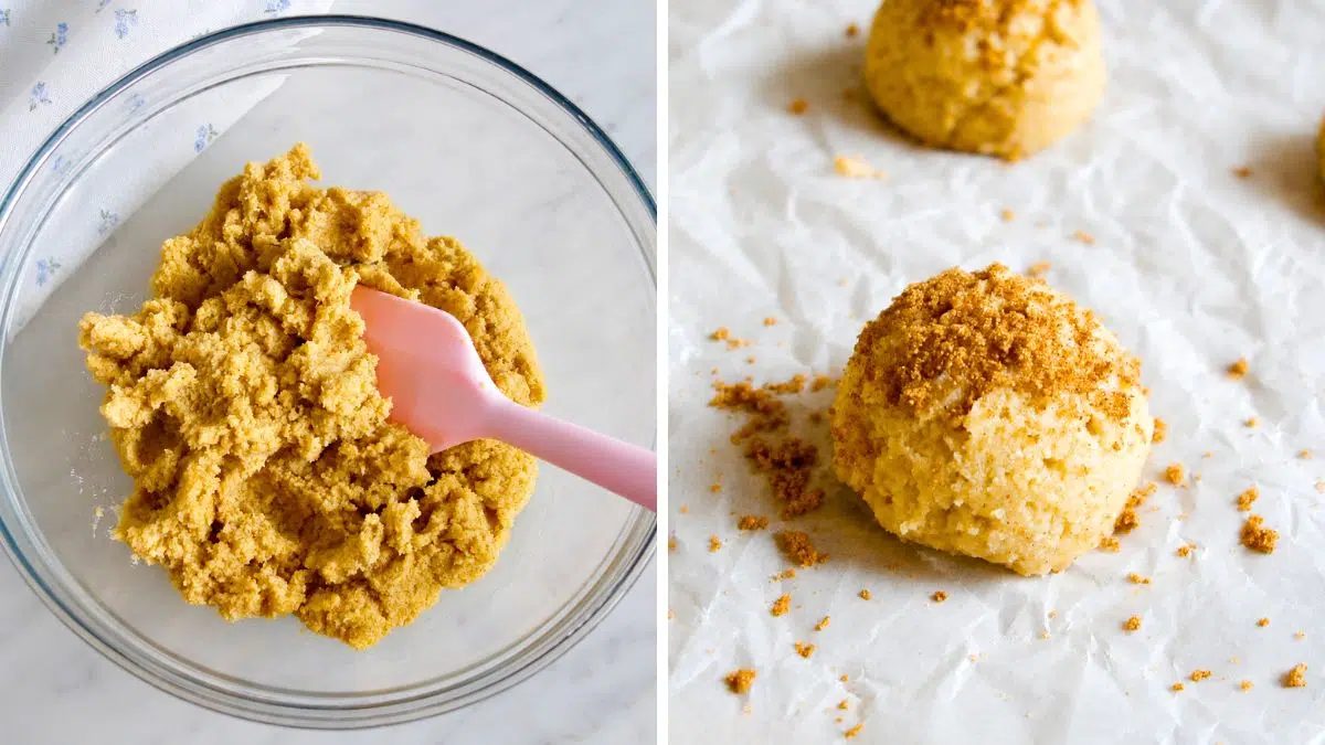 2 photo collage showing how to mix the cookie dough for sweet potato almond cookies