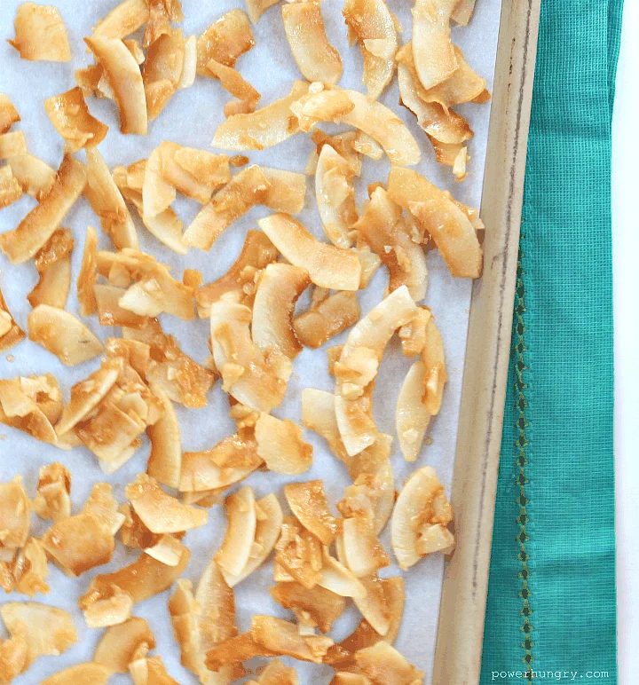 vegan coconut chips on a baking sheet