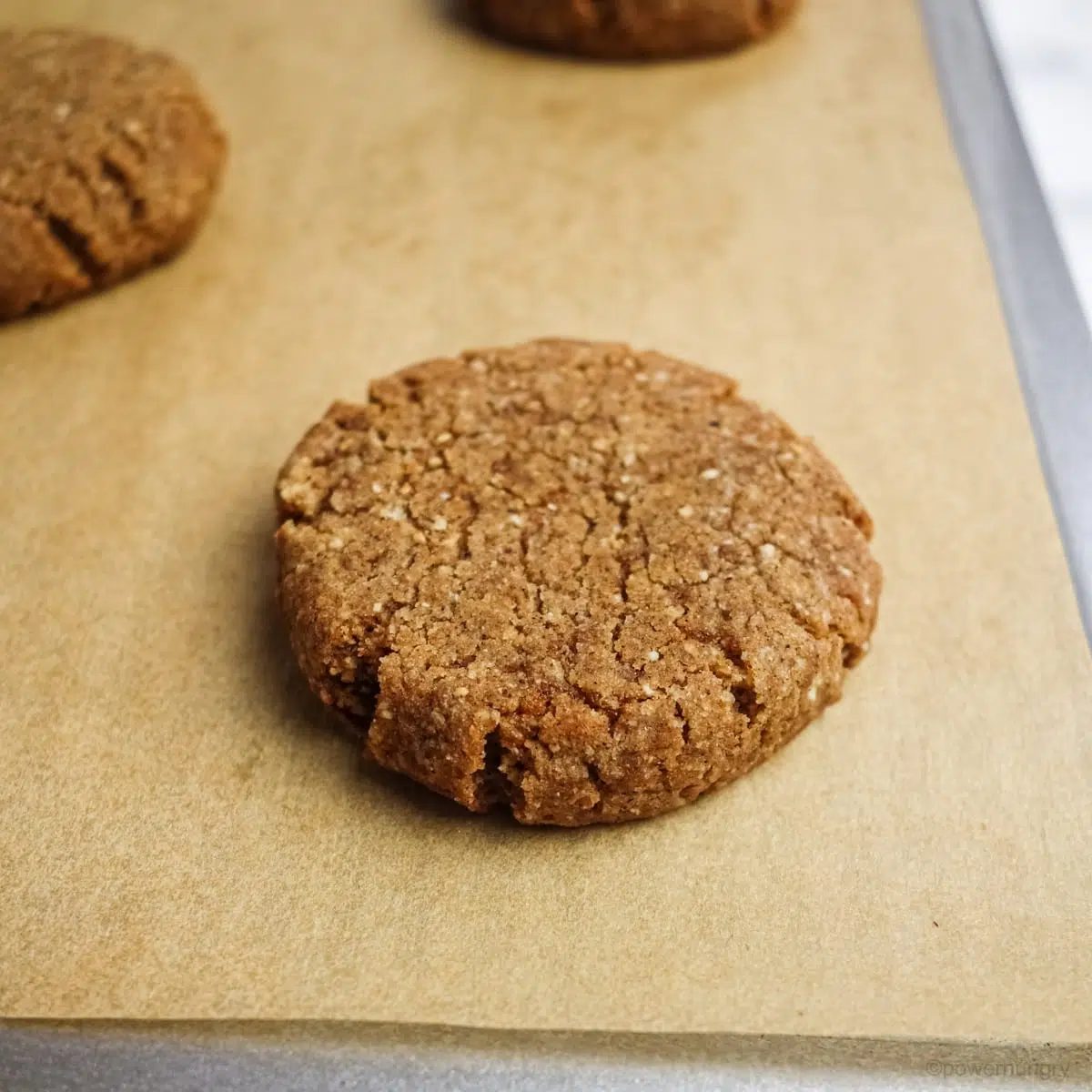 ginger cookie on a parchment paper lined cookie sheet