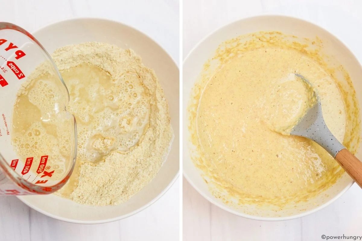 water getting adding to batter for fluffy millet pancakes