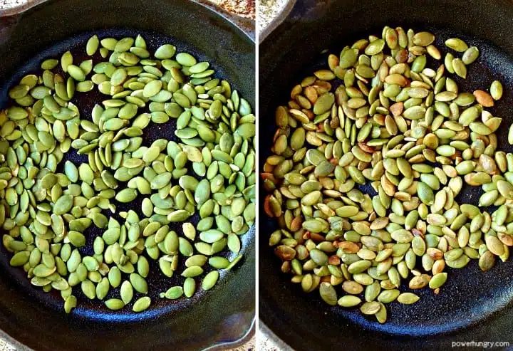 side by side photo collage of raw pepitas and toasted pepitas in a black skillet