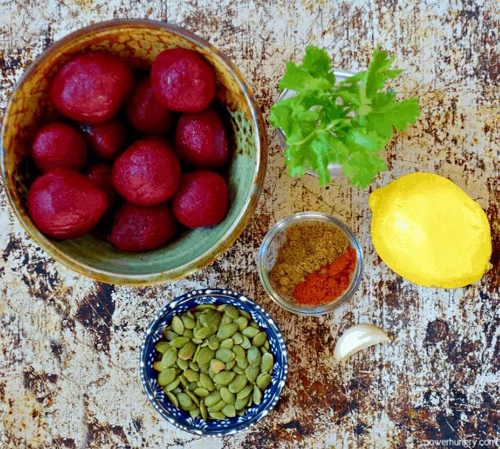 overhead shot of the ingredient for beet and pepita dip