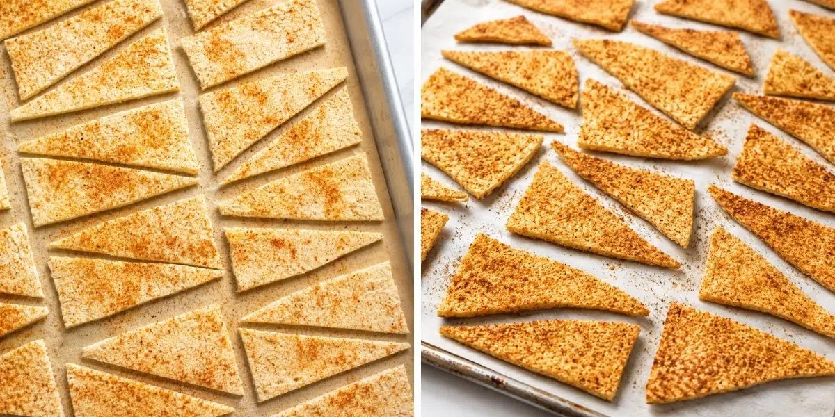 two photo collage showing cut tofu slices on a baking sheet, being turned into crispy tofu chips