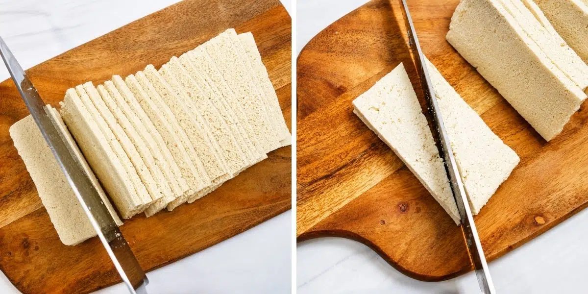 two photo collage showing how to cut especially-firm tofu block to make crispy tofu chips