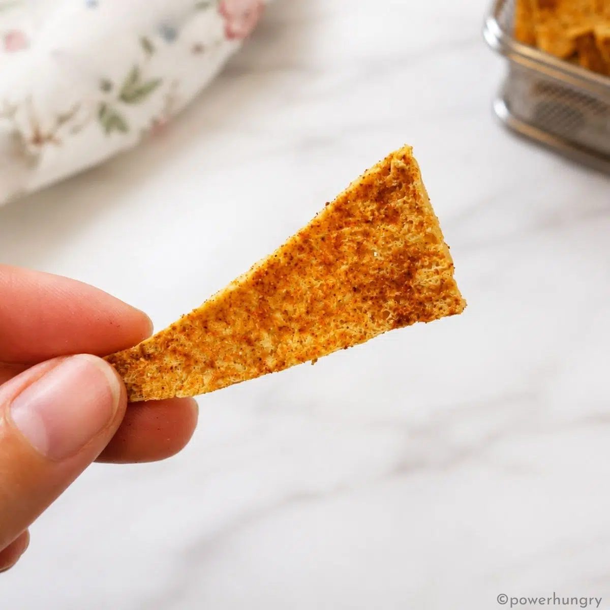 a single crispy tofu chip, held in woman's hand