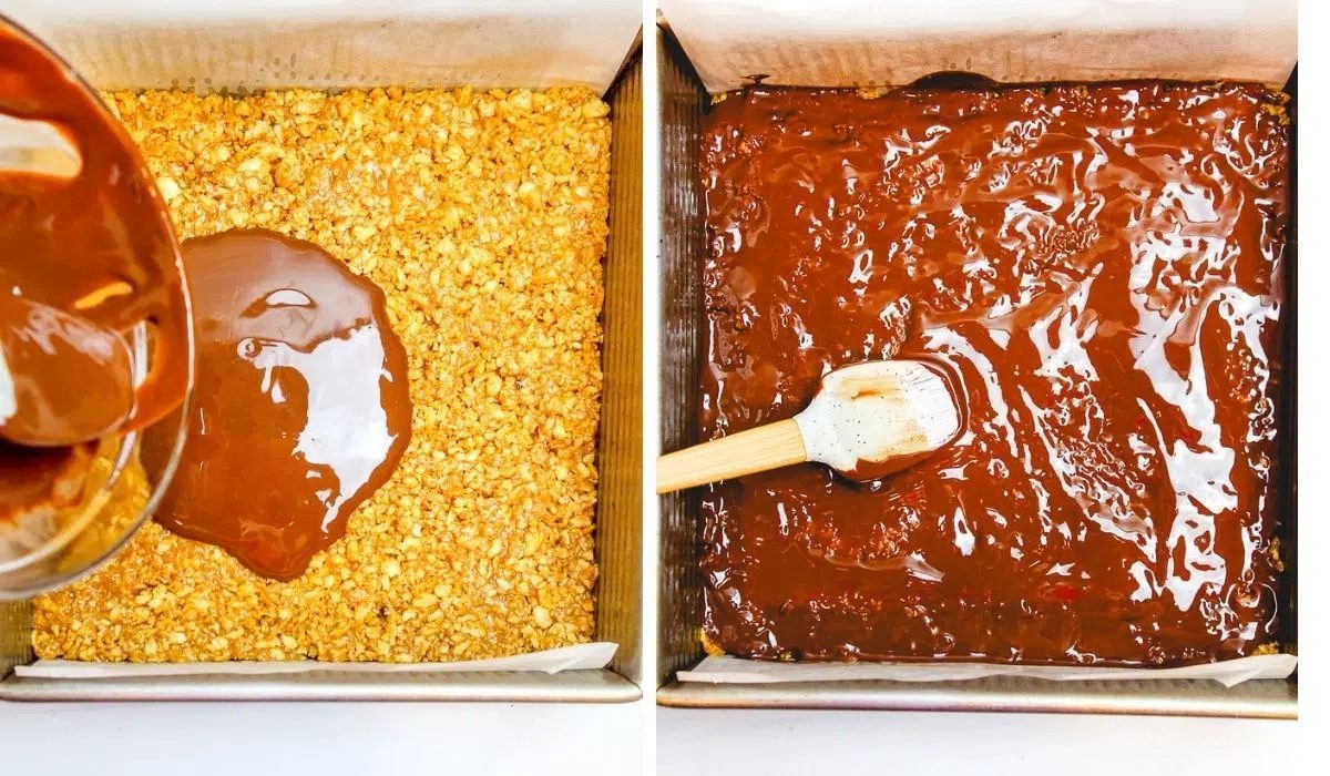 two photo collage showing melted chocolate getting spread over tvp protein bars