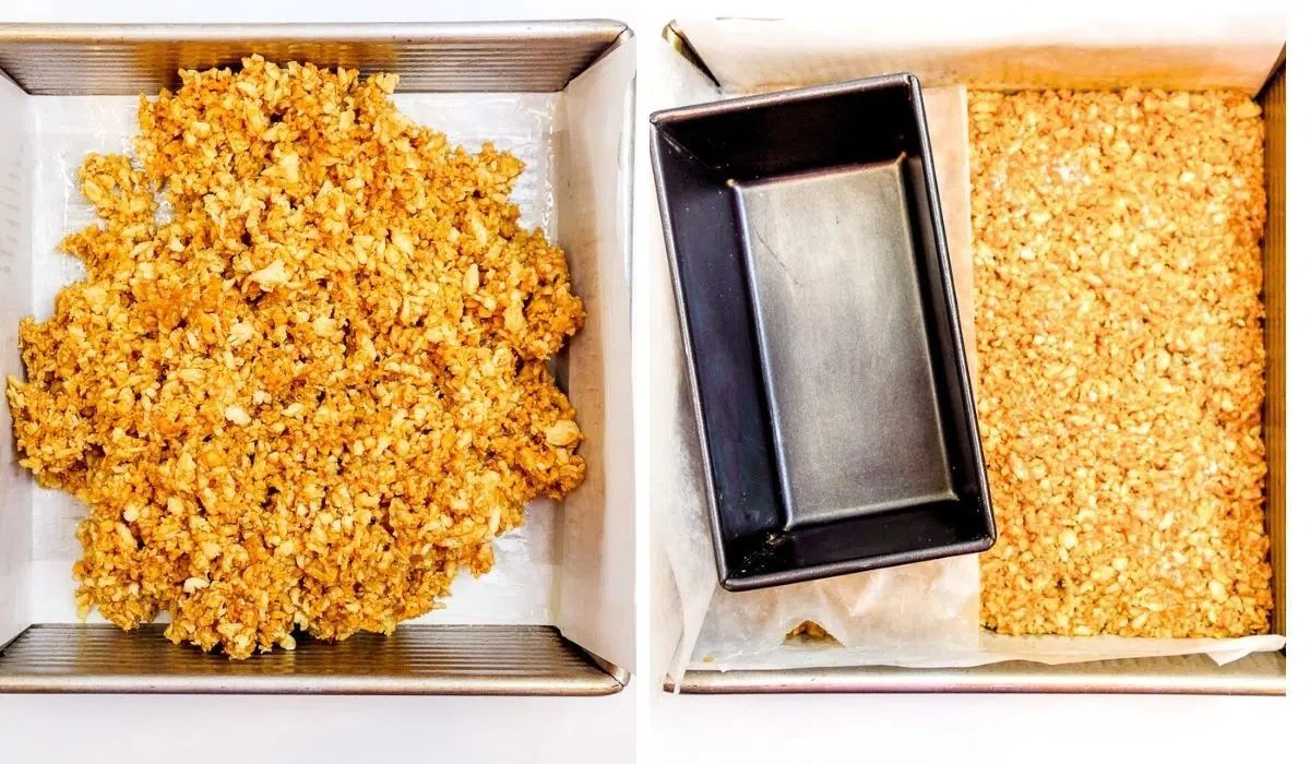 two photo collage showing the spread and tamping of tvp bars into a square baking pan.