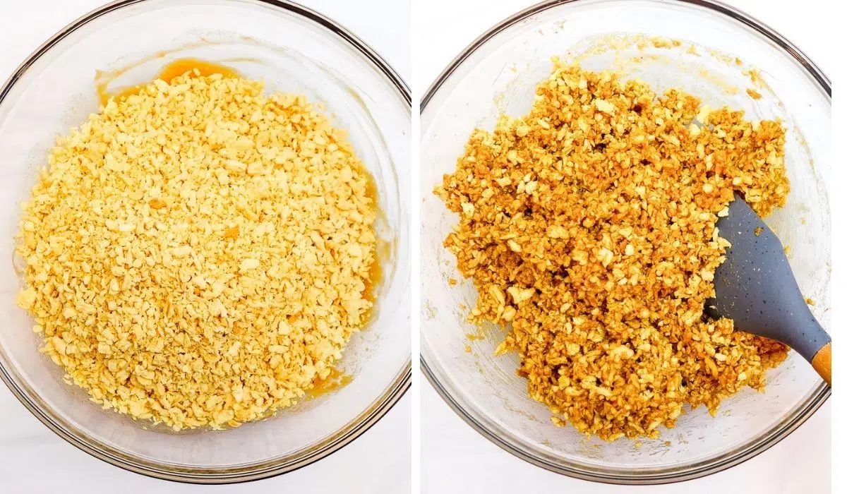 two photo collage showing the blending in of TVP to peanut butter maple mixture