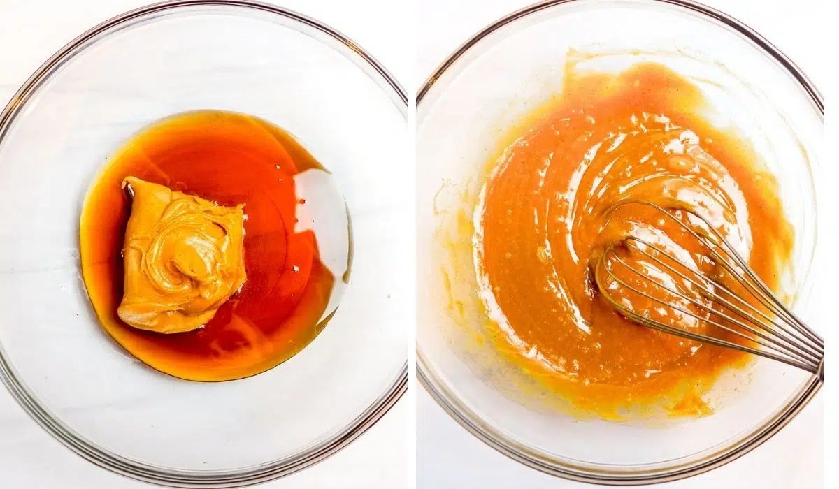 two photo collage showing the melting of peanut butter and maple syrup