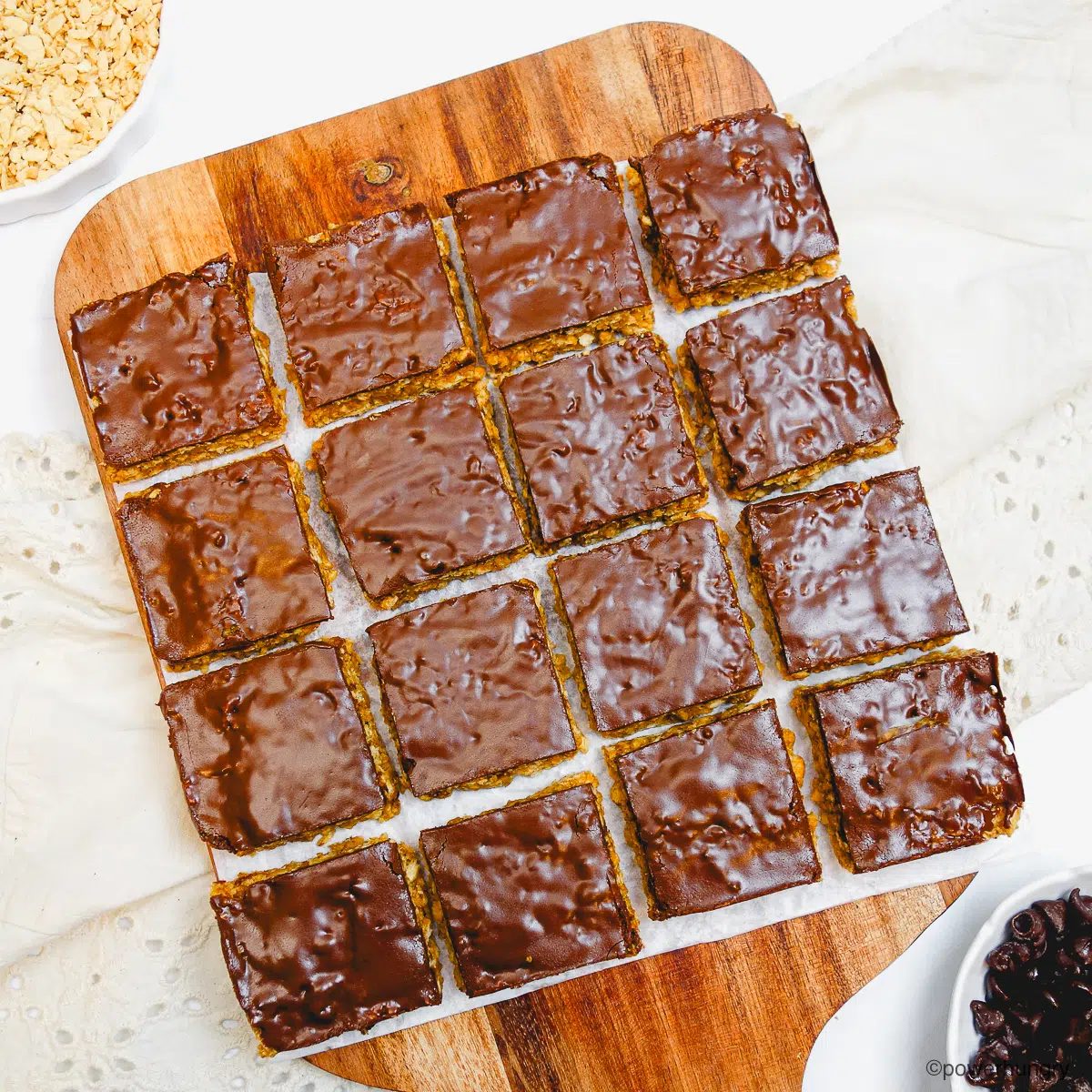 overhead shot of tvp crispy treats on a cutting board